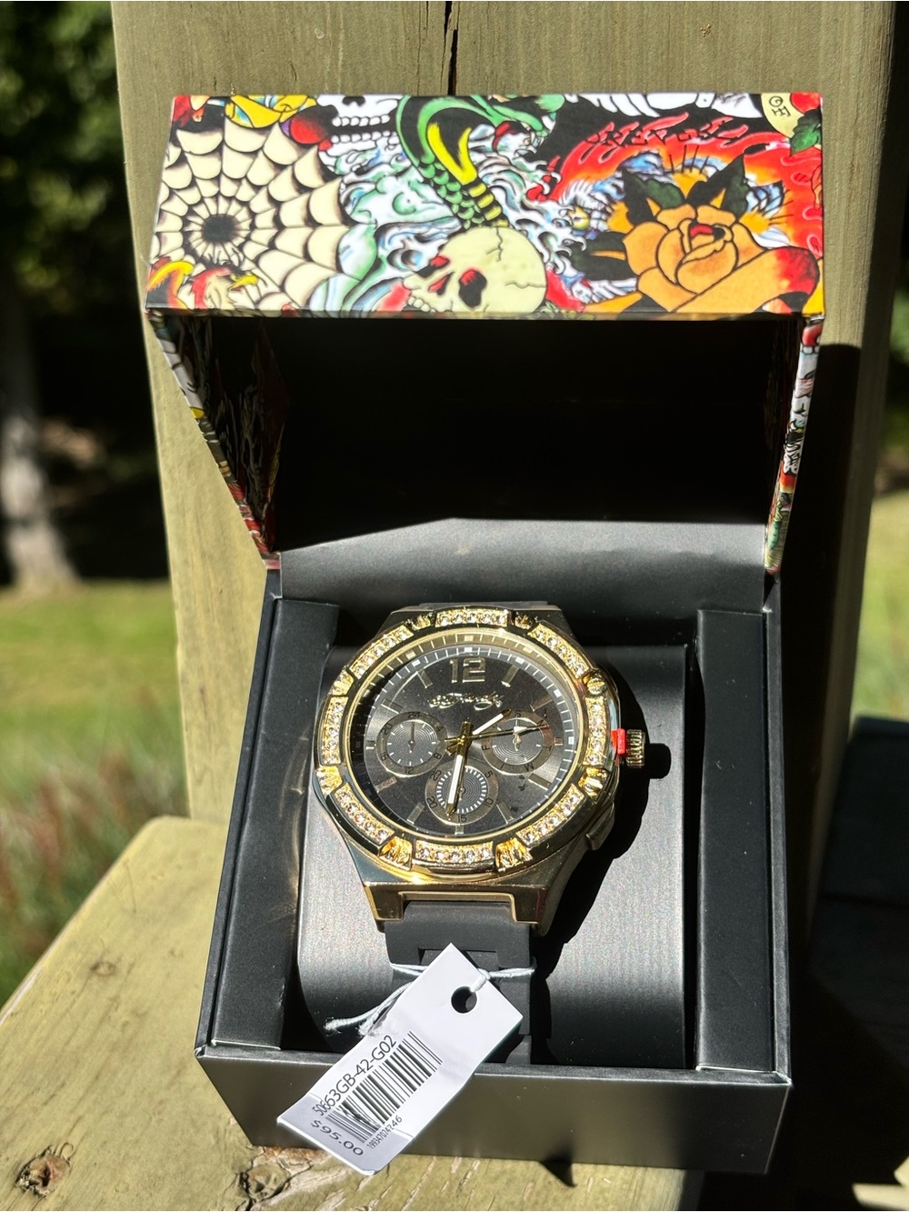 Ed Hardy Men's Gold-Tone Chronograph Watch with Black Dial & Comfort Band
